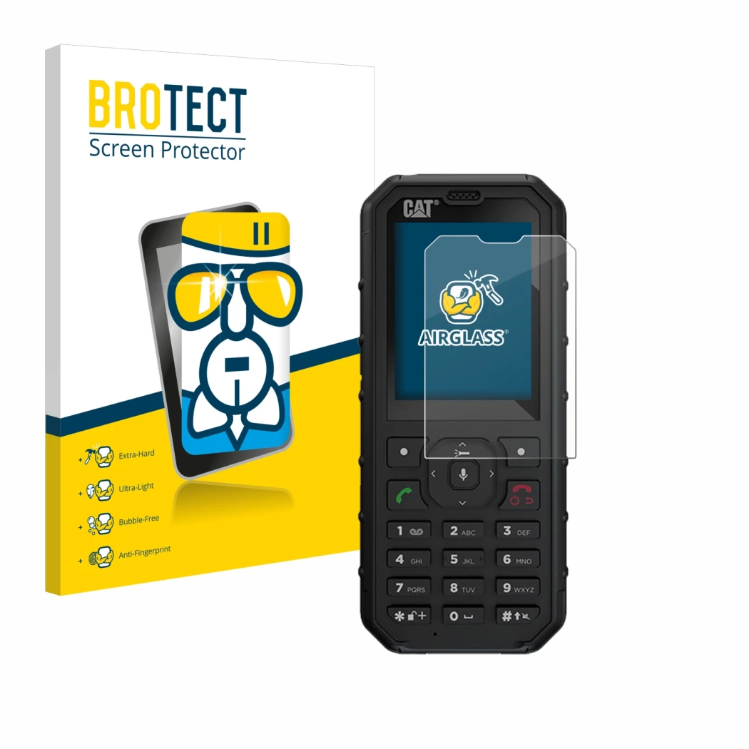 Parte frontal de un envase de producto con el logotipo de la marca BROTECT. Al lado se muestra el dispositivo Caterpillar Cat 