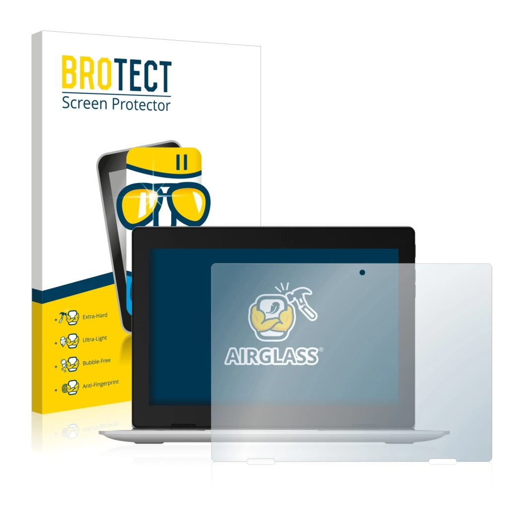 Parte frontal de un envase de producto con el logotipo de la marca BROTECT. Al lado se muestra el dispositivo Lenovo IdeaPad D