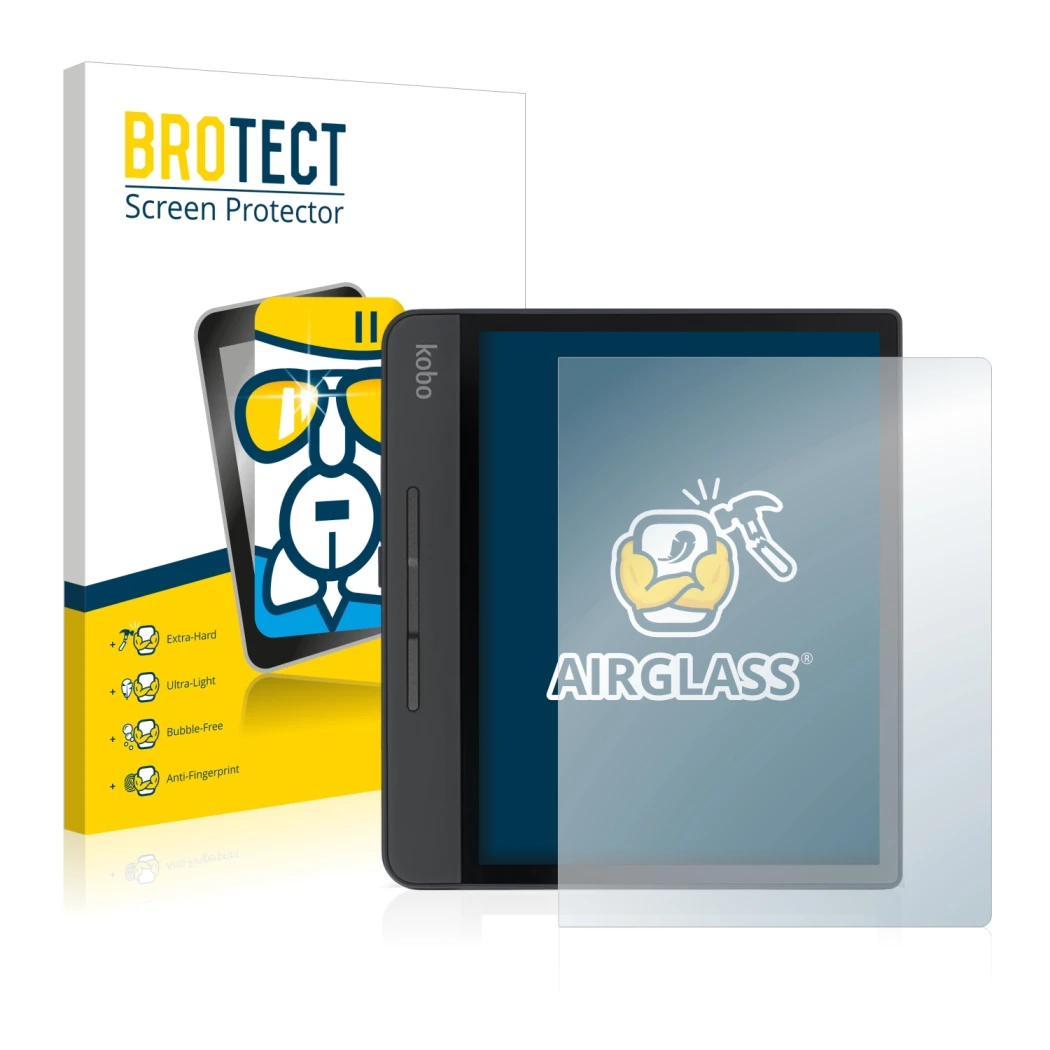 Parte frontal de un envase de producto con el logotipo de la marca BROTECT. Al lado se muestra el dispositivo Kobo Forma con s
