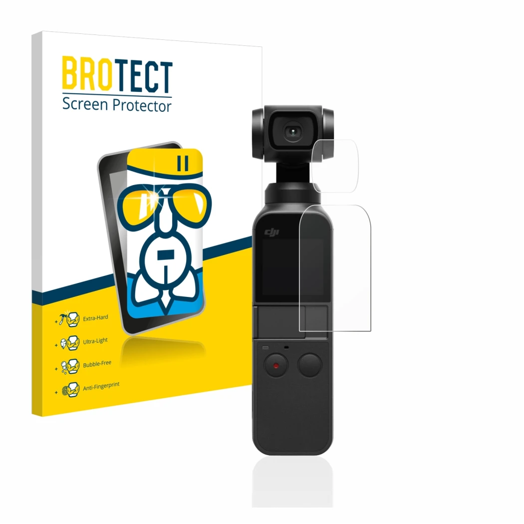 Parte frontal de un envase de producto con el logotipo de la marca BROTECT. Al lado se muestra el dispositivo DJI Osmo Pocket