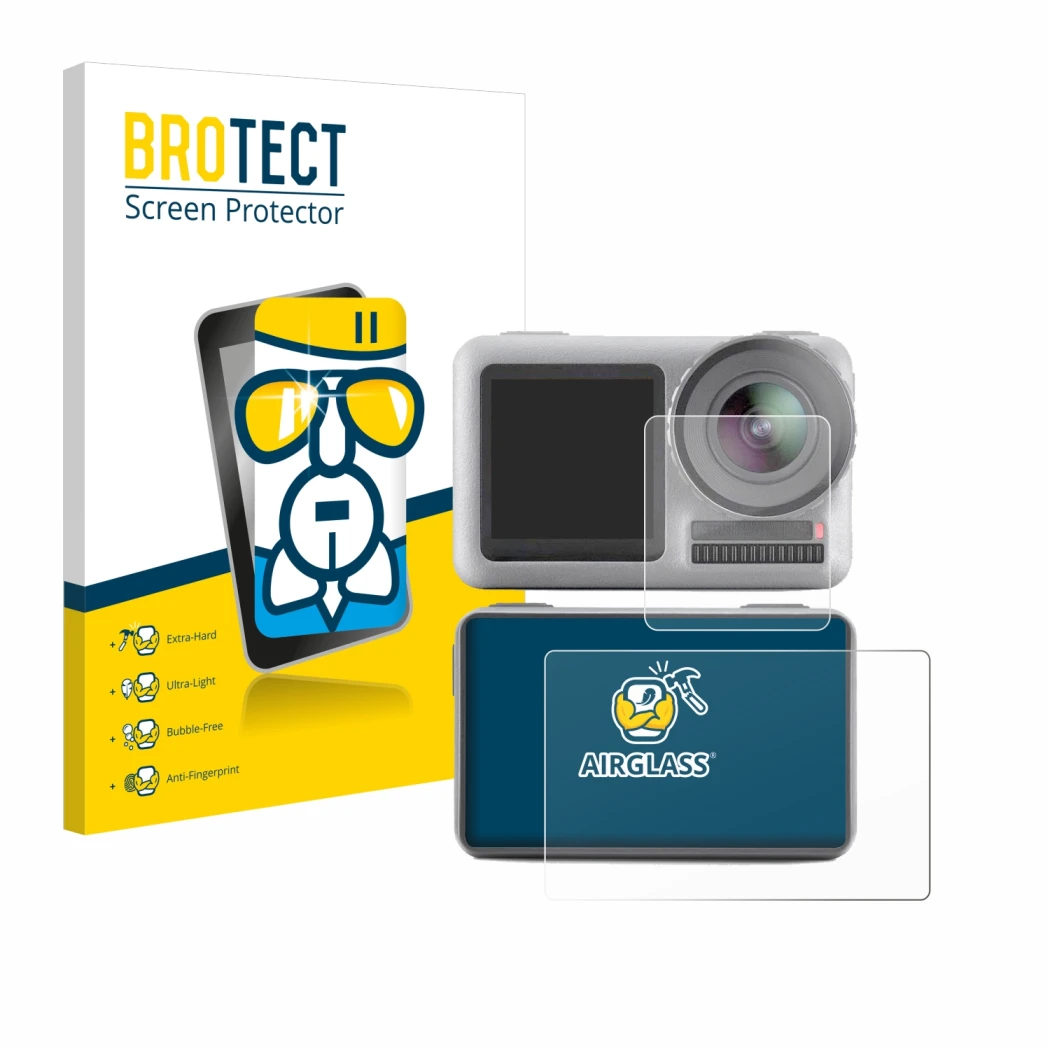 Parte frontal de un envase de producto con el logotipo de la marca BROTECT. Al lado se muestra el dispositivo DJI Osmo Action 