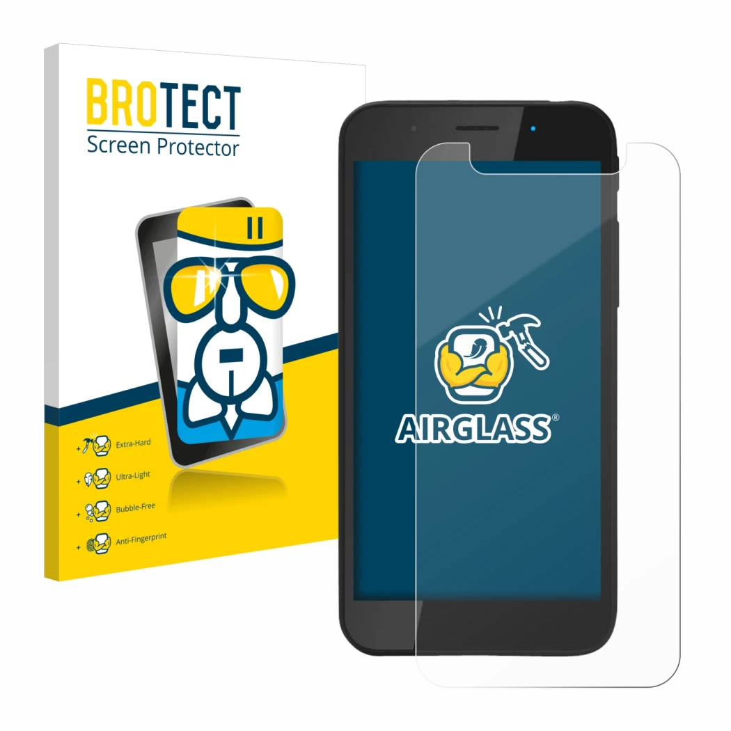 Parte frontal de un envase de producto con el logotipo de la marca BROTECT. Al lado se muestra el dispositivo Shiftphones Shif