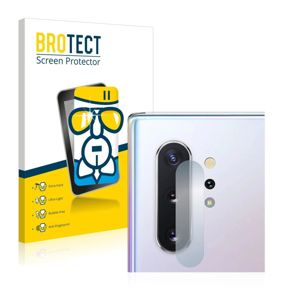 Parte frontal de un envase de producto con el logotipo de la marca BROTECT. Al lado se muestra el dispositivo Samsung Galaxy N