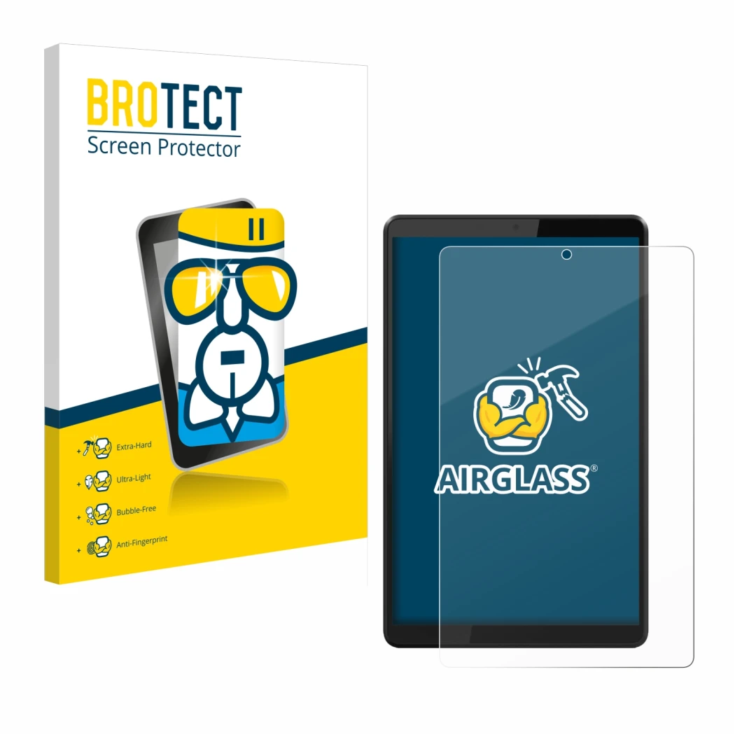 Parte frontal de un envase de producto con el logotipo de la marca BROTECT. Al lado se muestra el dispositivo Lenovo Tab M8 co