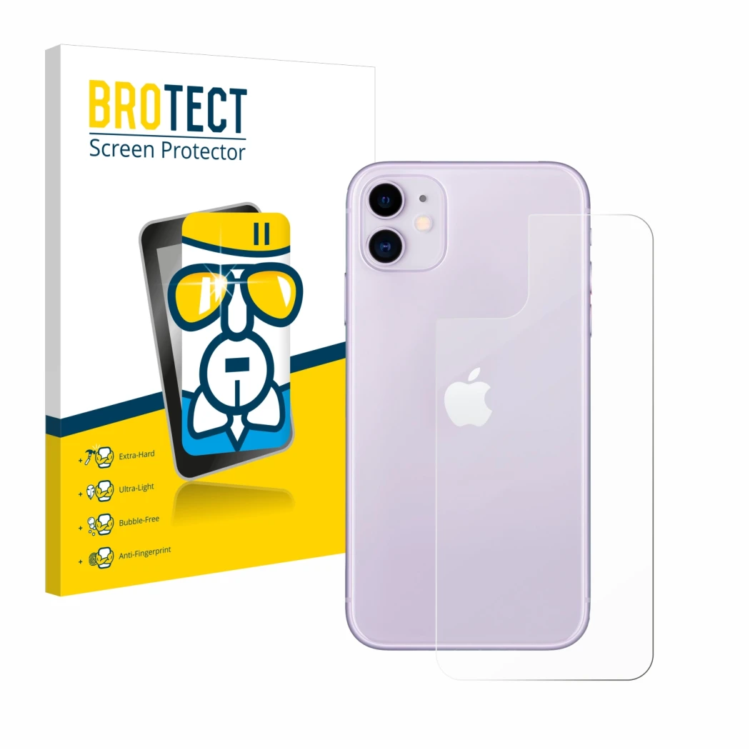 Parte frontal de un envase de producto con el logotipo de la marca BROTECT. Al lado se muestra el dispositivo Apple iPhone 11 