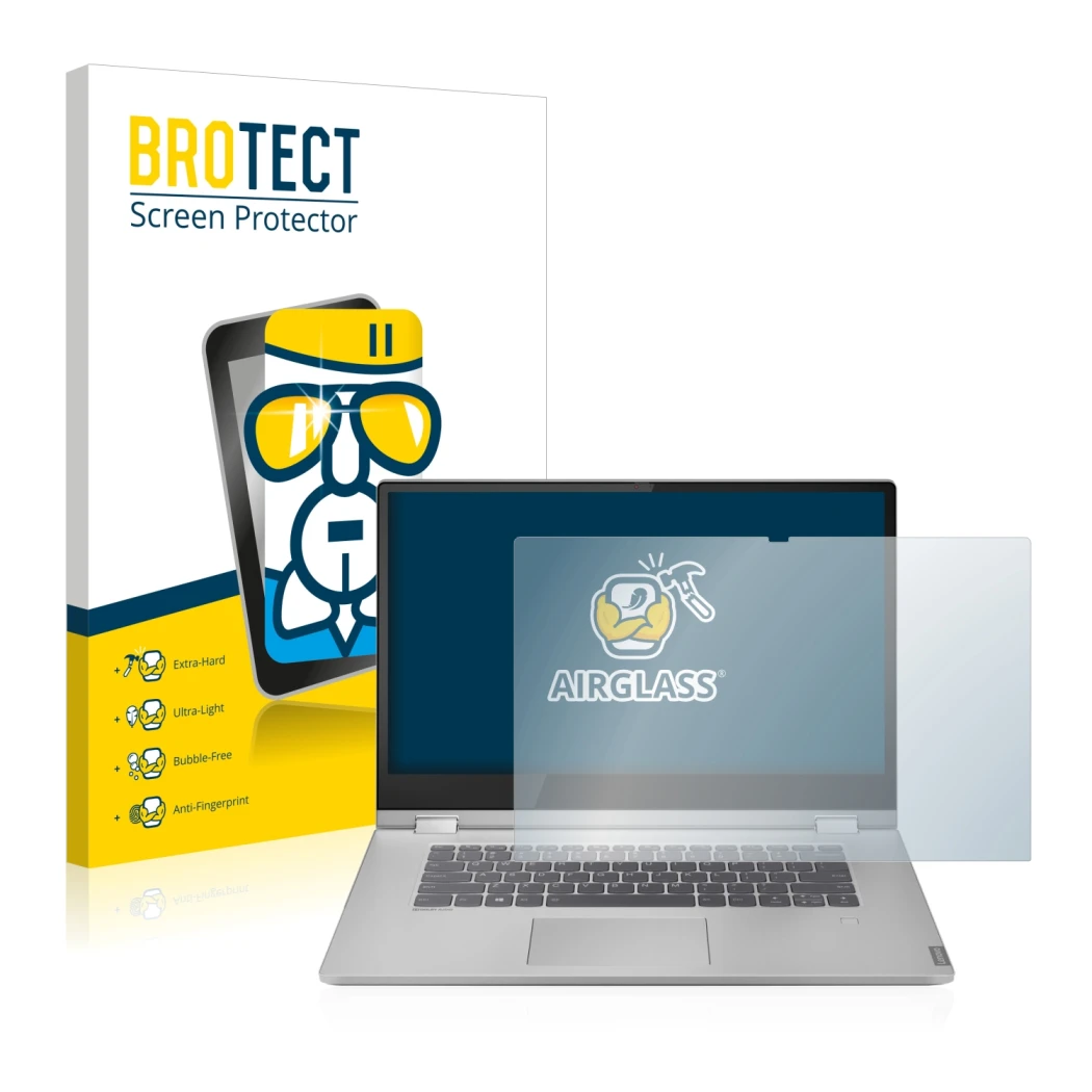 Parte frontal de un envase de producto con el logotipo de la marca BROTECT. Al lado se muestra el dispositivo Lenovo IdeaPad C