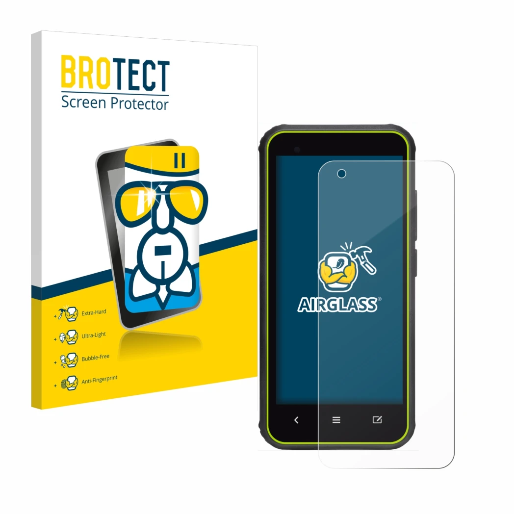 Parte frontal de un envase de producto con el logotipo de la marca BROTECT. Al lado se muestra el dispositivo SkyCaddie SX400 