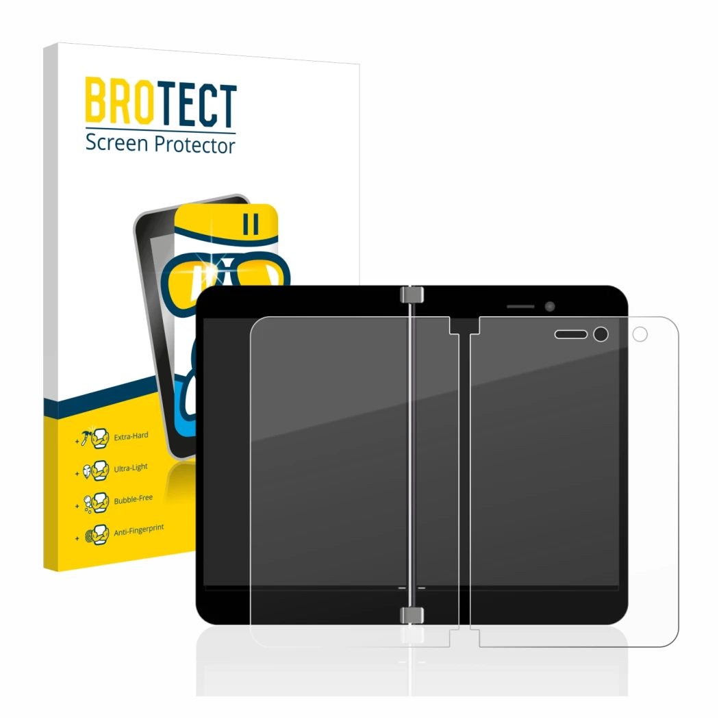 Parte frontal de un envase de producto con el logotipo de la marca BROTECT. Al lado se muestra el dispositivo Microsoft Surfac