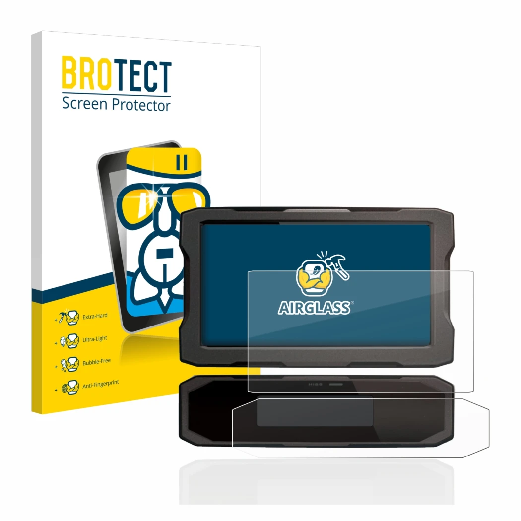 Parte frontal de un envase de producto con el logotipo de la marca BROTECT. Al lado se muestra el dispositivo Honda CRF1100L 2