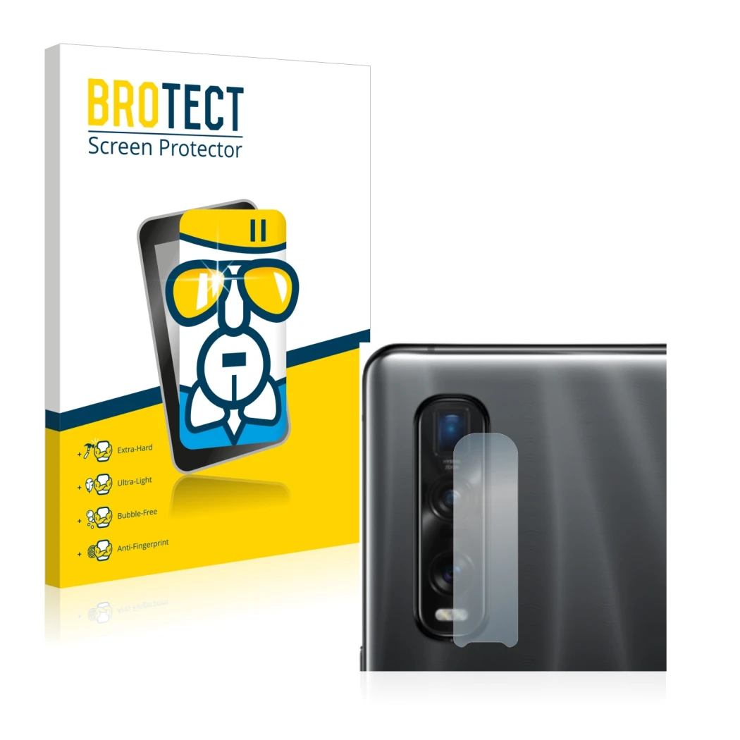 Parte frontal de un envase de producto con el logotipo de la marca BROTECT. Al lado se muestra el dispositivo Oppo Find X2 Pro