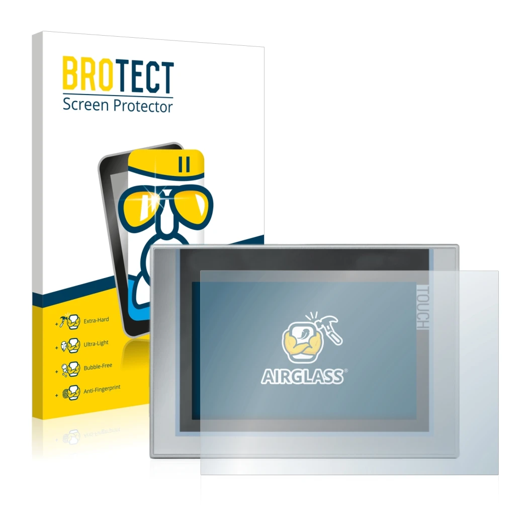 Parte frontal de un envase de producto con el logotipo de la marca BROTECT. Al lado se muestra el dispositivo Siemens Simatic 