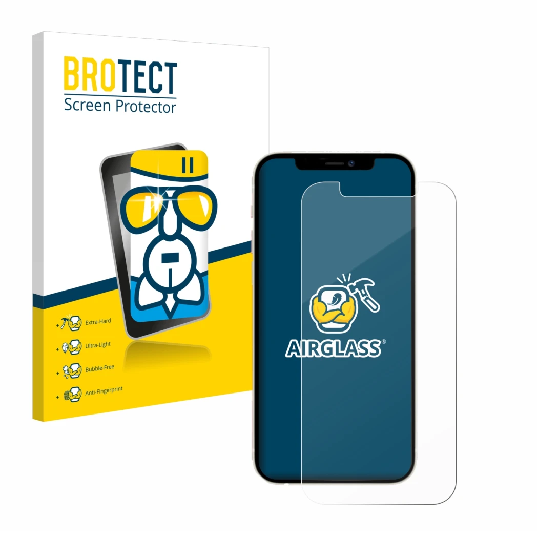 Parte frontal de un envase de producto con el logotipo de la marca BROTECT. Al lado se muestra el dispositivo Apple iPhone 12 