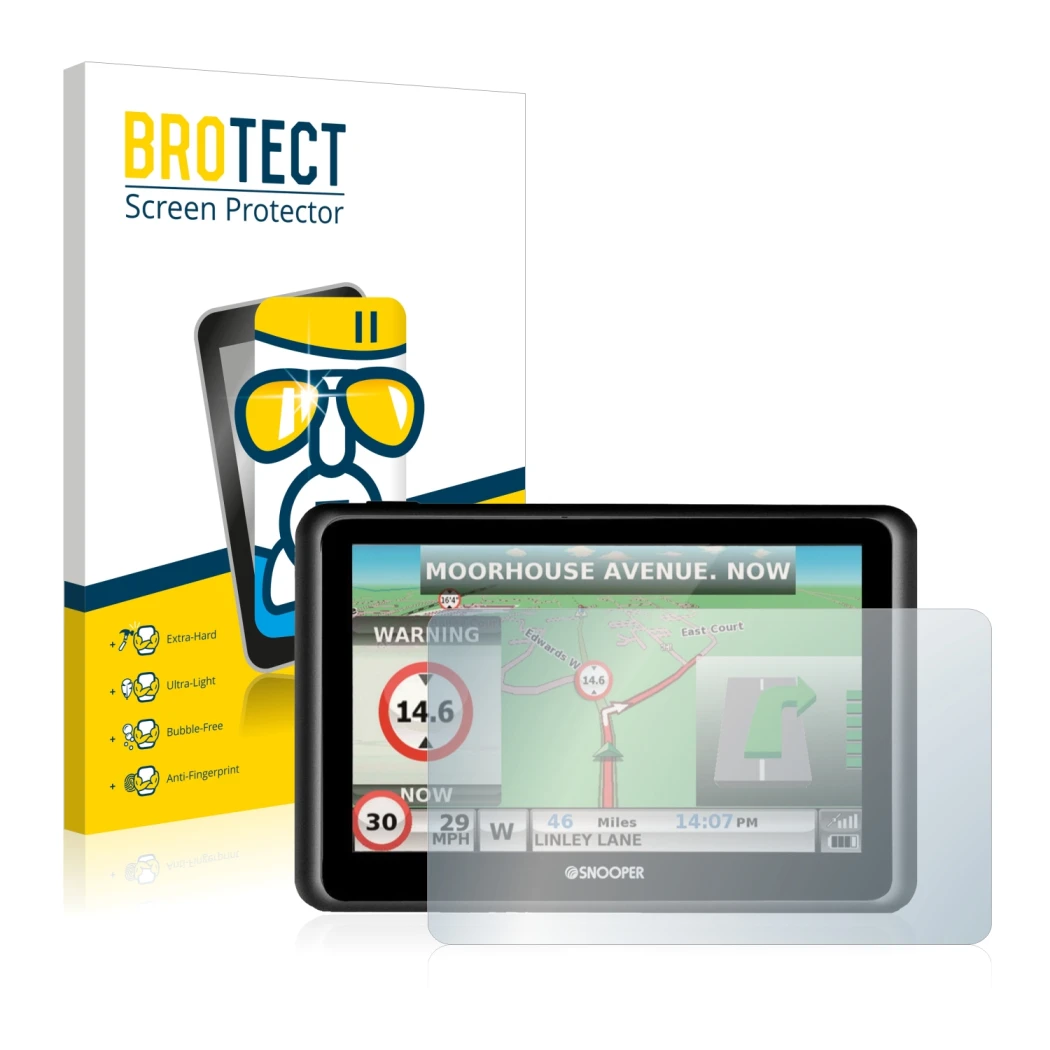 Parte frontal de un envase de producto con el logotipo de la marca BROTECT. Al lado se muestra el dispositivo Snooper Truckmat