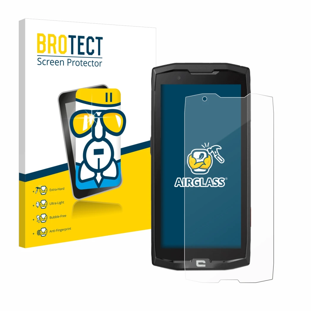 Parte frontal de un envase de producto con el logotipo de la marca BROTECT. Al lado se muestra el dispositivo Crosscall Core X