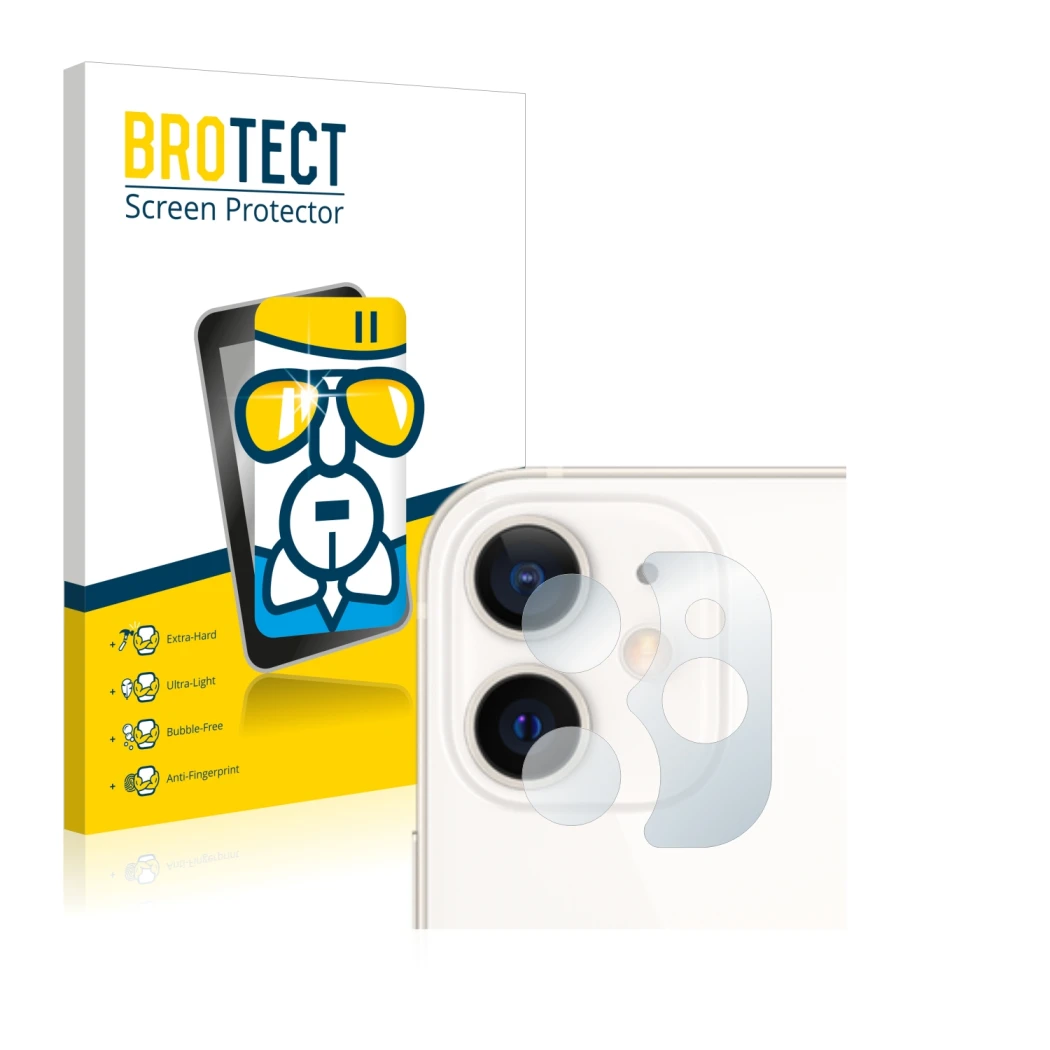 Parte frontal de un envase de producto con el logotipo de la marca BROTECT. Al lado se muestra el dispositivo Apple iPhone 12