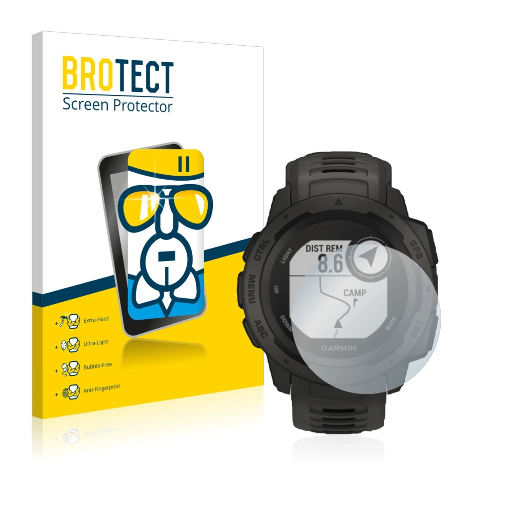 Parte frontal de un envase de producto con el logotipo de la marca BROTECT. Al lado se muestra el dispositivo Garmin Instinct