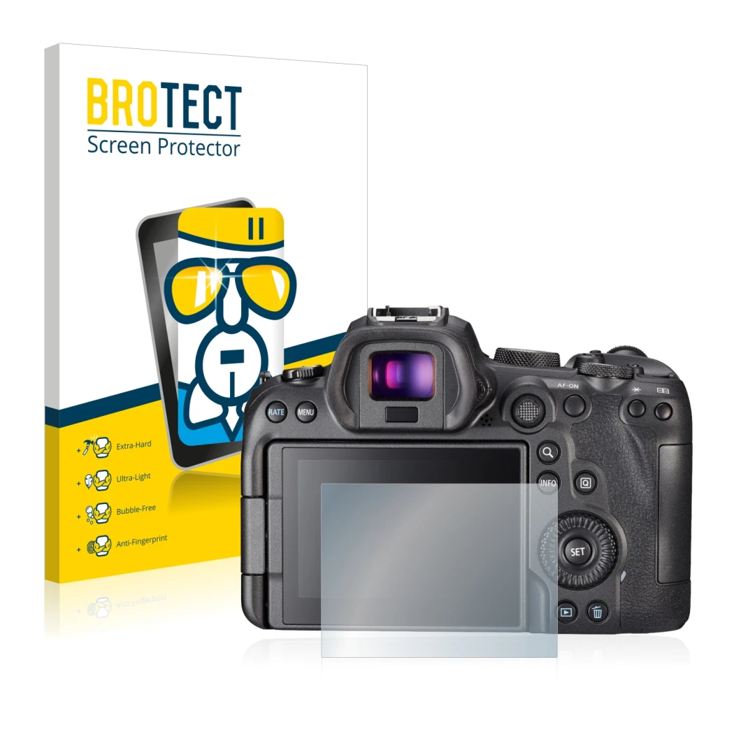 Parte frontal de un envase de producto con el logotipo de la marca BROTECT. Al lado se muestra el dispositivo Sony A7S III con