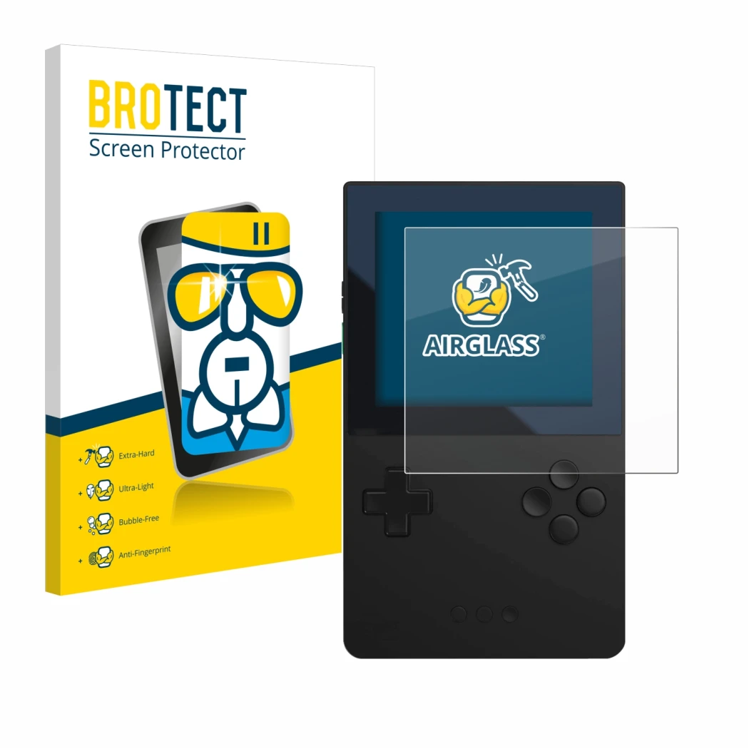 Parte frontal de un envase de producto con el logotipo de la marca BROTECT. Al lado se muestra el dispositivo Analogue Pocket 