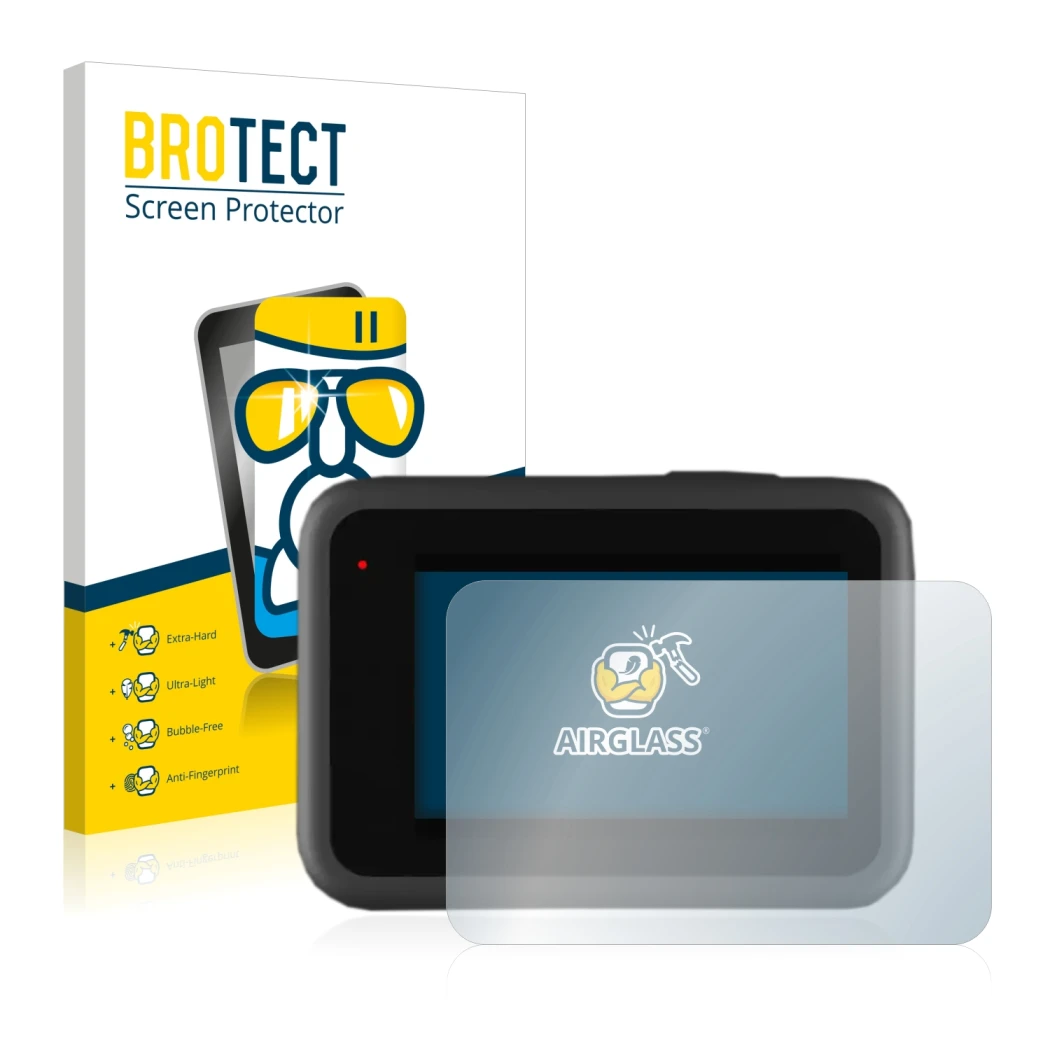 Parte frontal de un envase de producto con el logotipo de la marca BROTECT. Al lado se muestra el dispositivo GoPro Hero 9 Bla