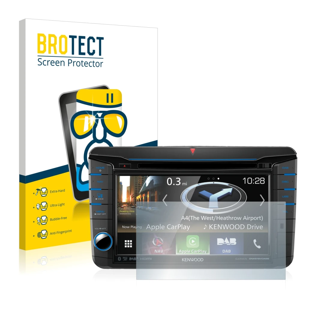 Parte frontal de un envase de producto con el logotipo de la marca BROTECT. Al lado se muestra el dispositivo Kenwood DNX518VD