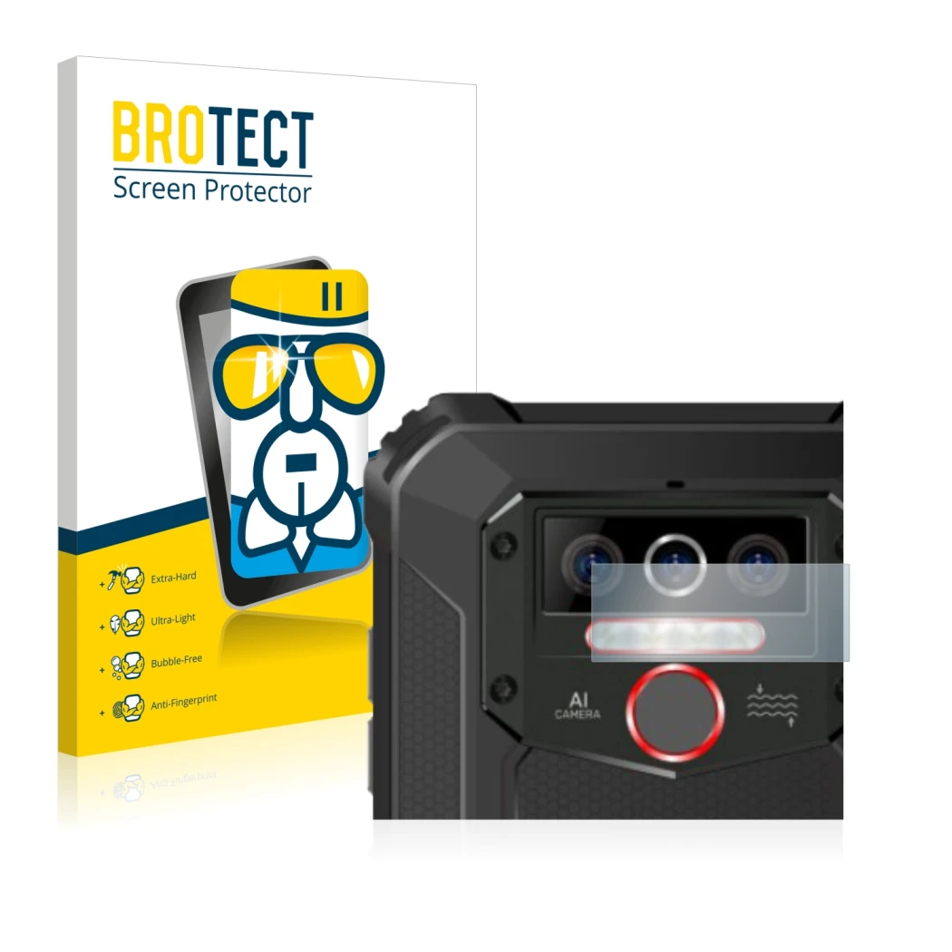 Parte frontal de un envase de producto con el logotipo de la marca BROTECT. Al lado se muestra el dispositivo Oukitel WP5 Pro 