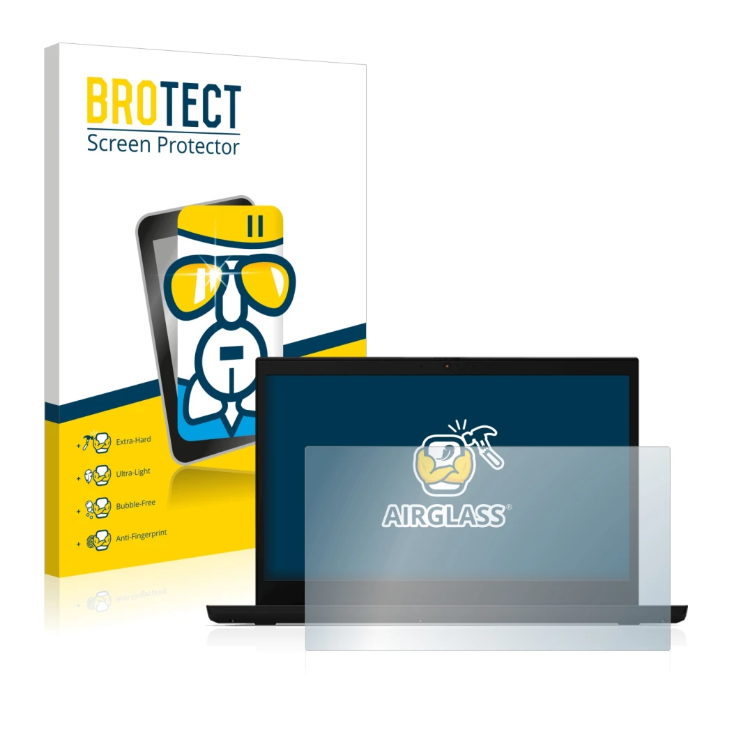 Parte frontal de un envase de producto con el logotipo de la marca BROTECT. Al lado se muestra el dispositivo Lenovo ThinkPad