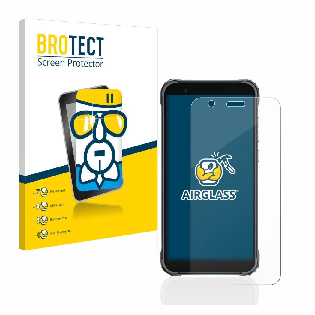 Parte frontal de un envase de producto con el logotipo de la marca BROTECT. Al lado se muestra el dispositivo Blackview BV4900