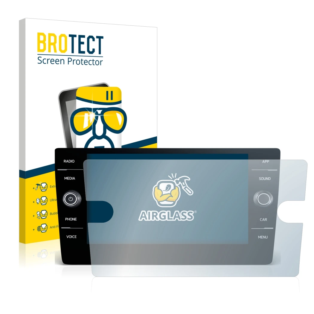 Parte frontal de un envase de producto con el logotipo de la marca BROTECT. Al lado se muestra el dispositivo Volkswagen T-Roc