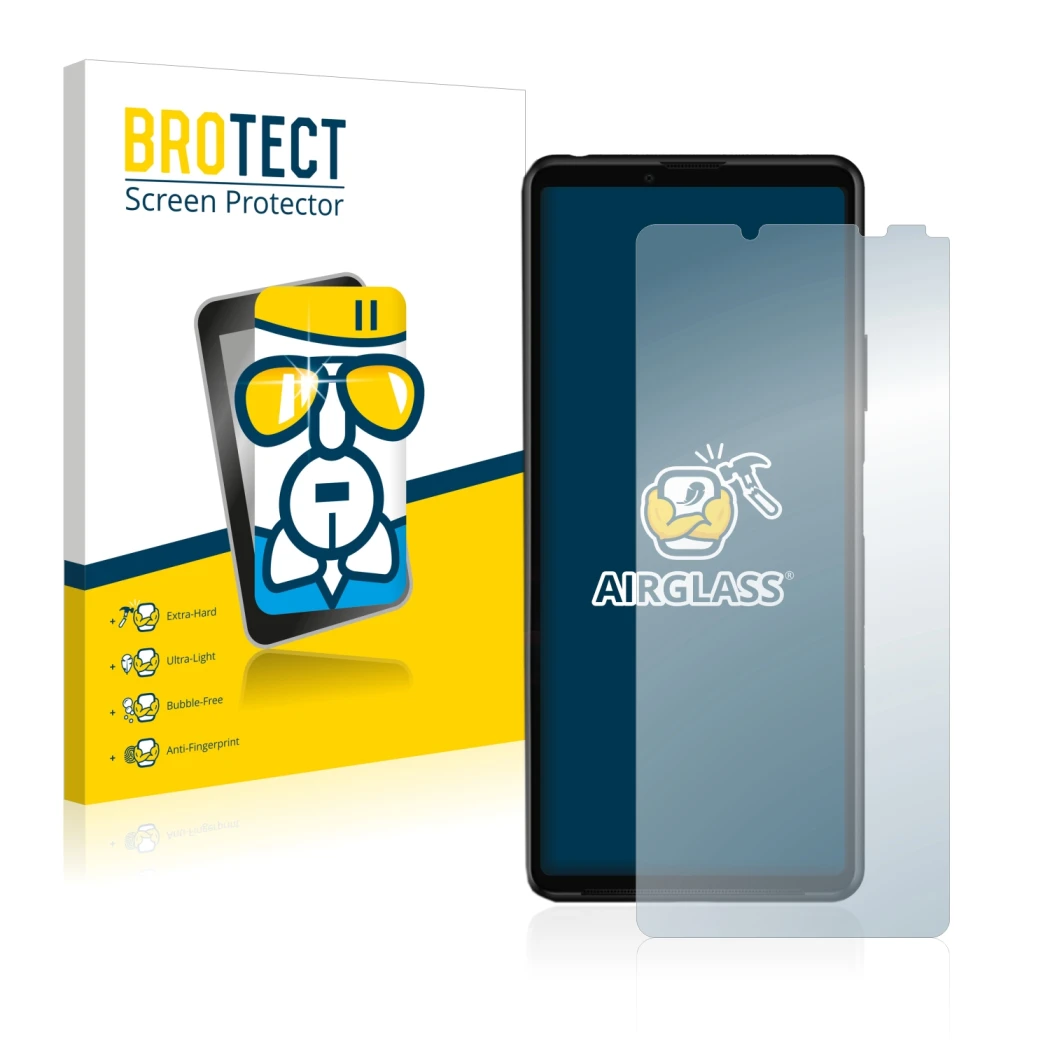 Parte frontal de un envase de producto con el logotipo de la marca BROTECT. Al lado se muestra el dispositivo Sony Xperia 10 I