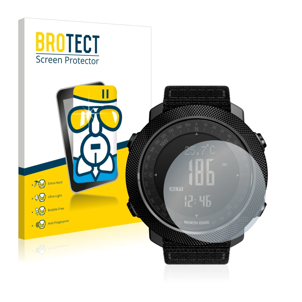 Parte frontal de un envase de producto con el logotipo de la marca BROTECT. Al lado se muestra el dispositivo North Edge Apach