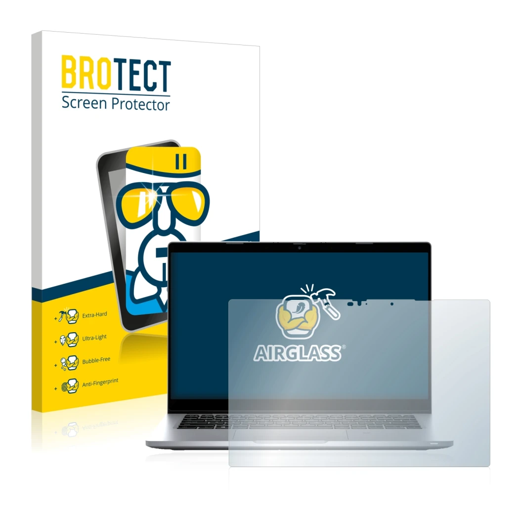 Parte frontal de un envase de producto con el logotipo de la marca BROTECT. Al lado se muestra el dispositivo Dell Latitude 53