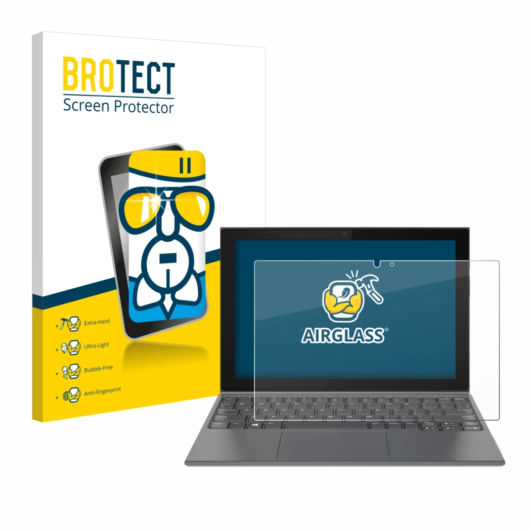 Parte frontal de un envase de producto con el logotipo de la marca BROTECT. Al lado se muestra el dispositivo Lenovo IdeaPad D