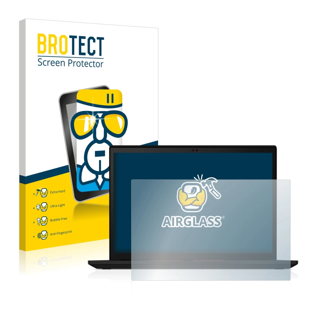 Parte frontal de un envase de producto con el logotipo de la marca BROTECT. Al lado se muestra el dispositivo Lenovo ThinkPad 