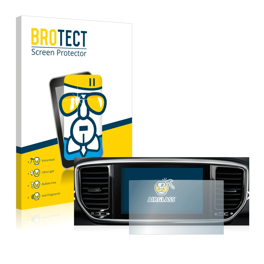 Parte frontal de un envase de producto con el logotipo de la marca BROTECT. Al lado se muestra el dispositivo Kia Sportage QLP