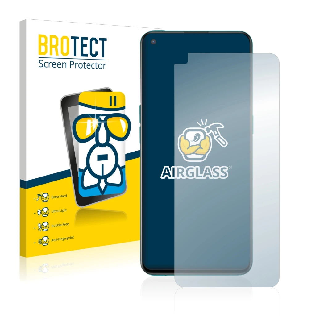 Parte frontal de un envase de producto con el logotipo de la marca BROTECT. Al lado se muestra el dispositivo OnePlus Nord CE 