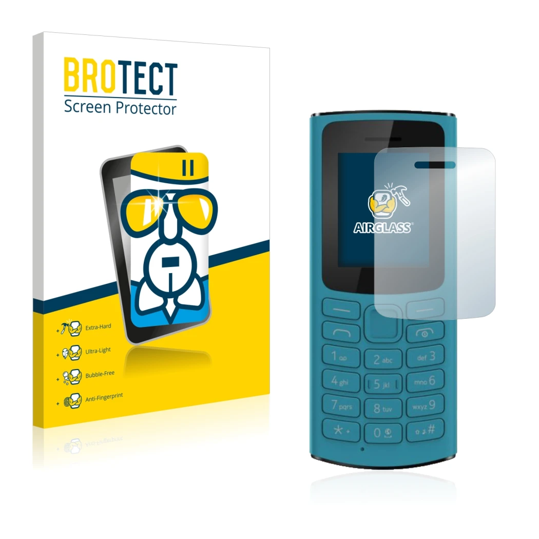 Parte frontal de un envase de producto con el logotipo de la marca BROTECT. Al lado se muestra el dispositivo Nokia 105 4G 202