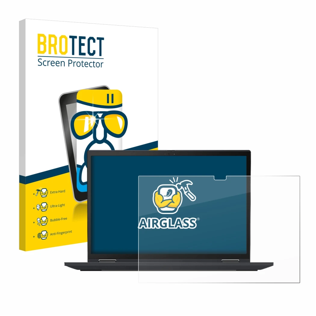 Parte frontal de un envase de producto con el logotipo de la marca BROTECT. Al lado se muestra el dispositivo Lenovo ThinkPad 