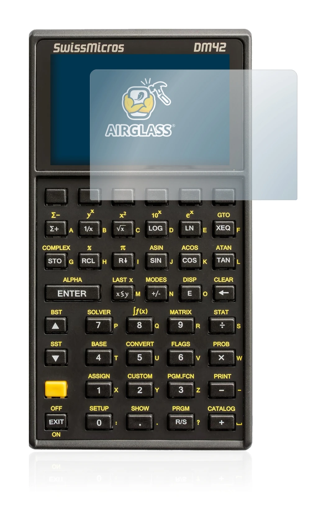 Imagen del dispositivo SwissMicros DM42 con una amplia variedad de protectores de pantalla.