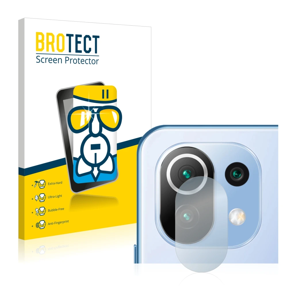 Parte frontal de un envase de producto con el logotipo de la marca BROTECT. Al lado se muestra el dispositivo Xiaomi 11 Lite 5