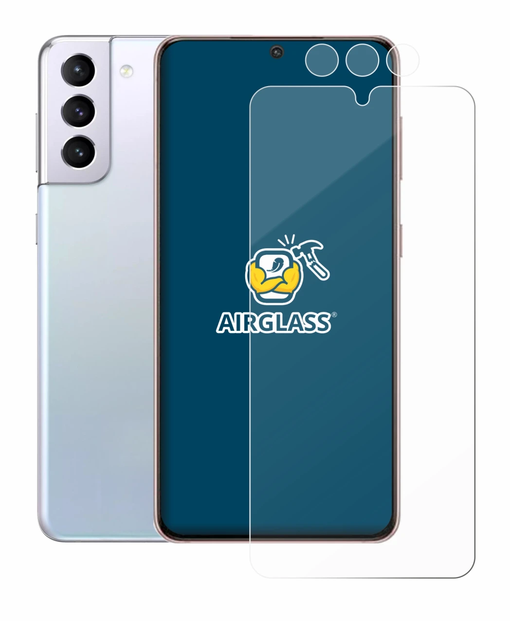 Imagen del dispositivo Samsung Galaxy S21 (Frontal+Cámara) con una amplia variedad de protectores de pantalla.