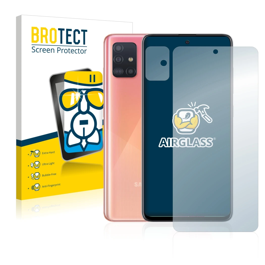 Parte frontal de un envase de producto con el logotipo de la marca BROTECT. Al lado se muestra el dispositivo Samsung Galaxy A
