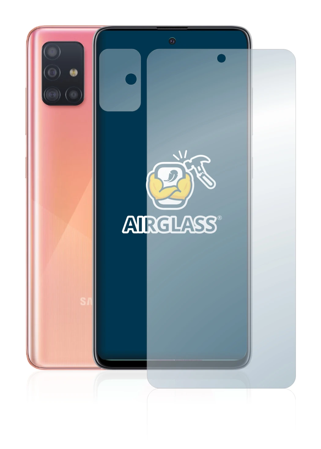 Imagen del dispositivo Samsung Galaxy A51 (Frontal+Cámara) con una amplia variedad de protectores de pantalla.