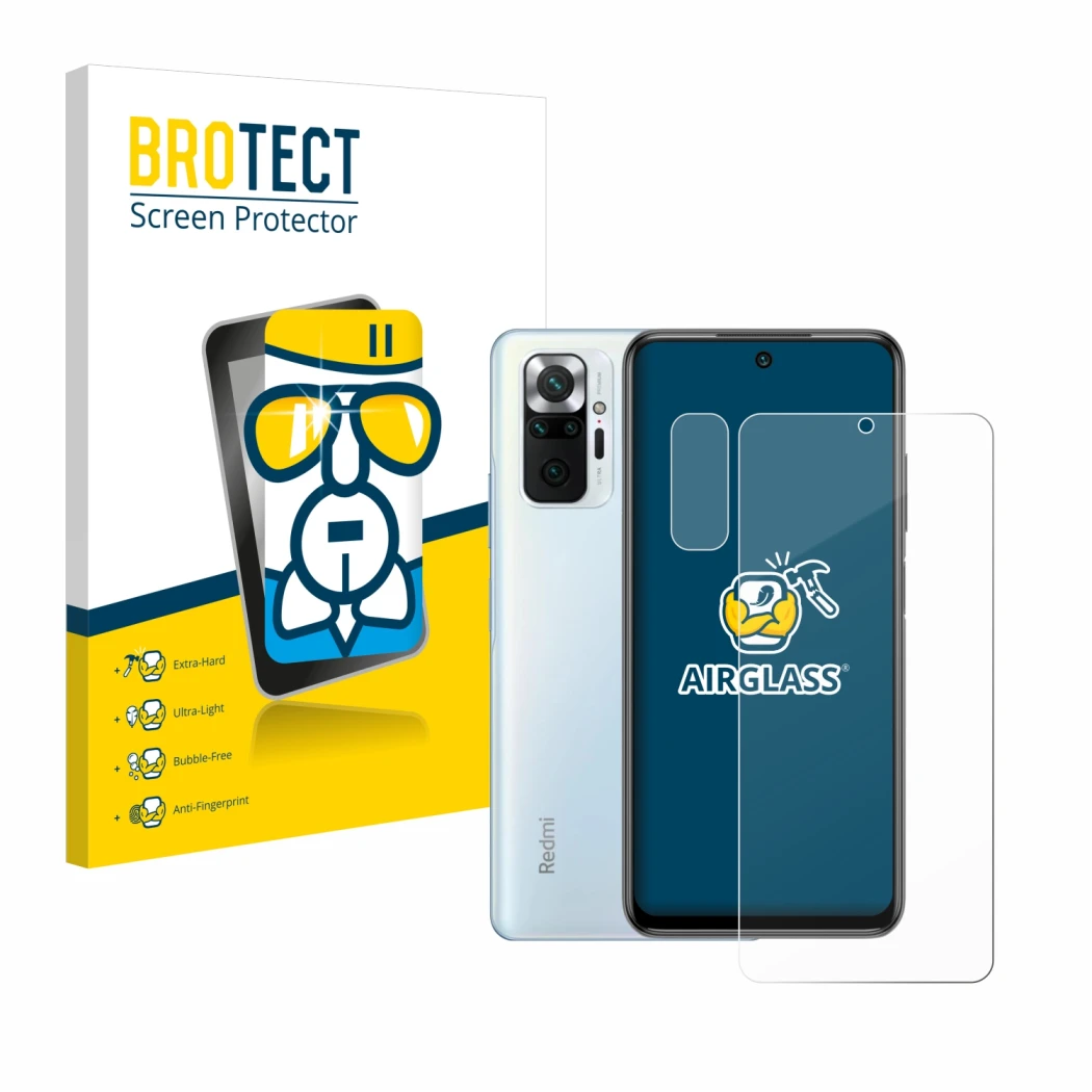 Parte frontal de un envase de producto con el logotipo de la marca BROTECT. Al lado se muestra el dispositivo Xiaomi Redmi Not