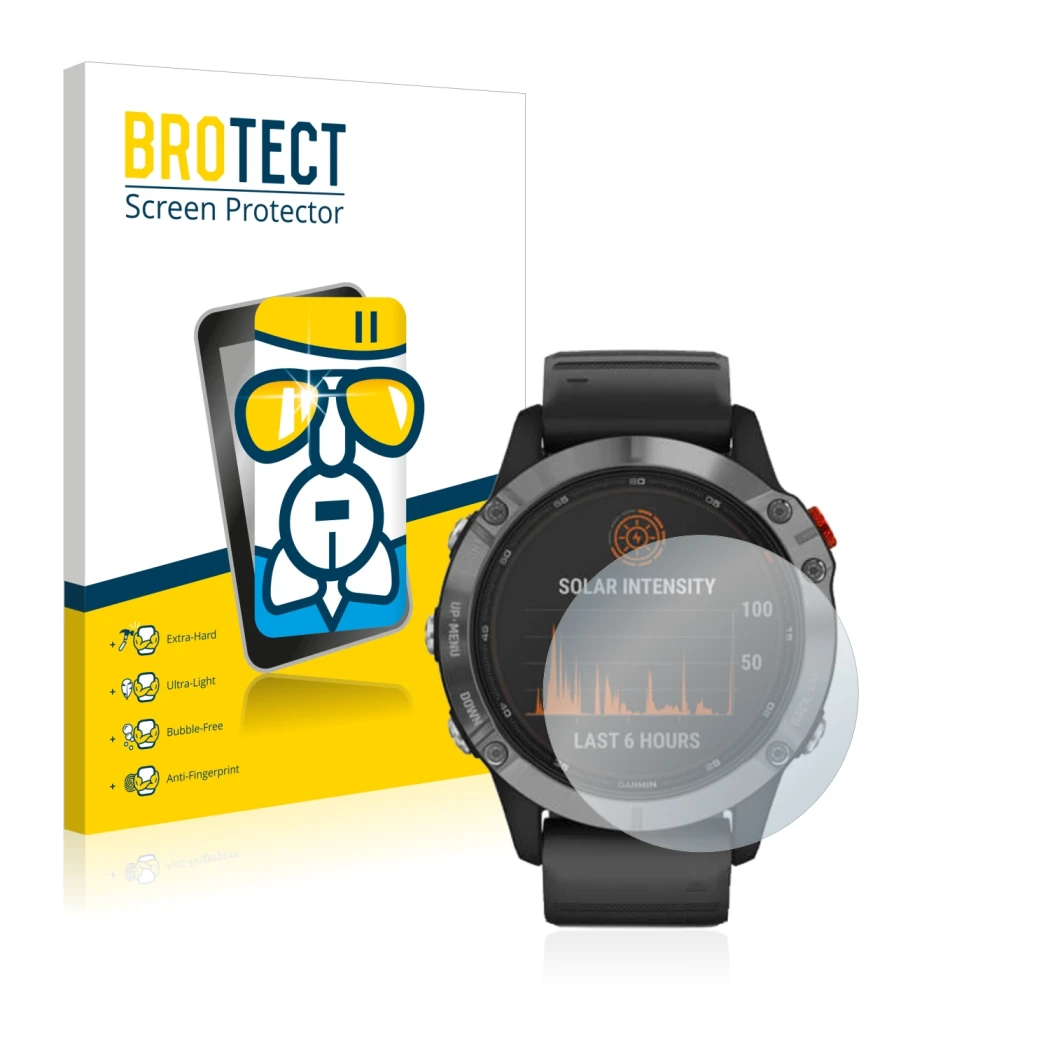 Parte frontal de un envase de producto con el logotipo de la marca BROTECT. Al lado se muestra el dispositivo Garmin Fenix 6 S