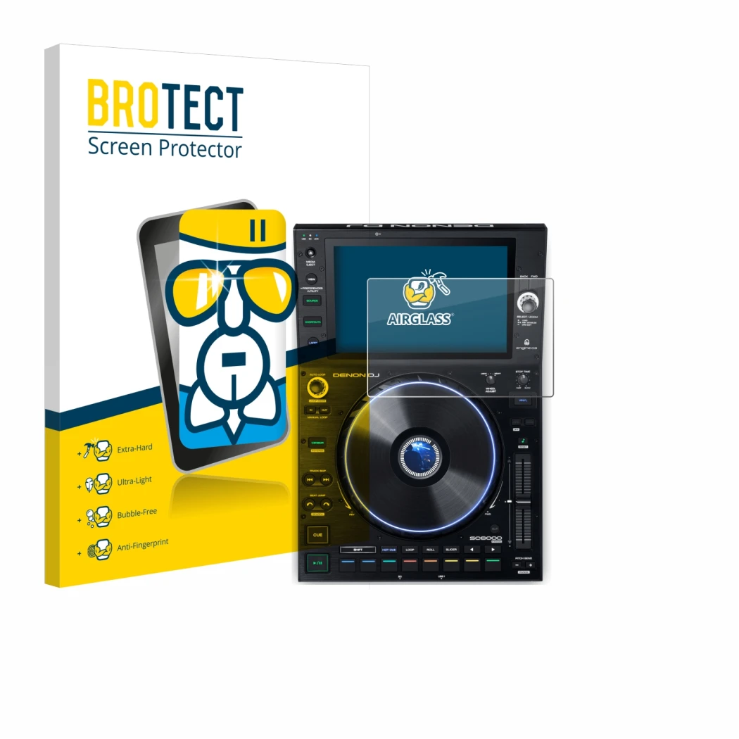 Parte frontal de un envase de producto con el logotipo de la marca BROTECT. Al lado se muestra el dispositivo Denon DJ SC6000 