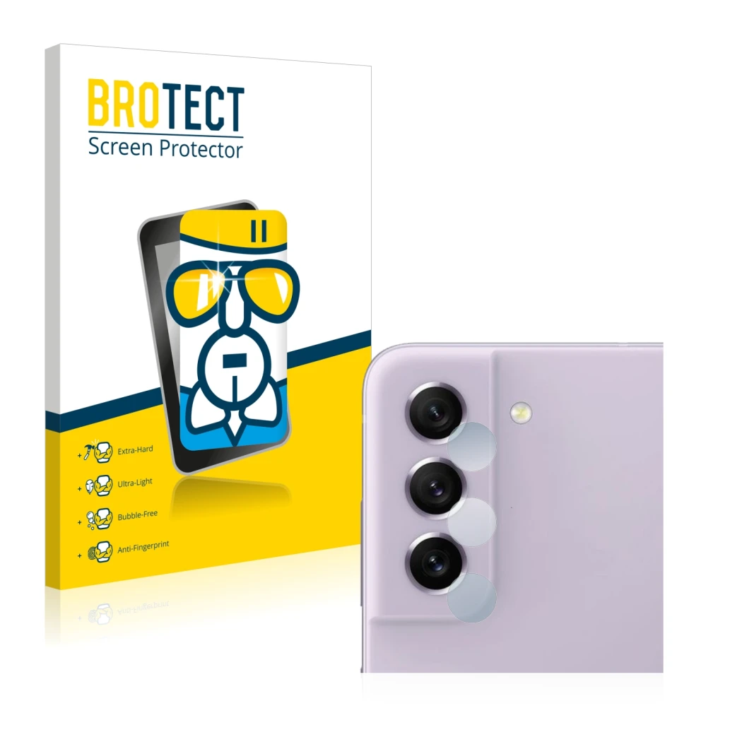 Parte frontal de un envase de producto con el logotipo de la marca BROTECT. Al lado se muestra el dispositivo Samsung Galaxy S