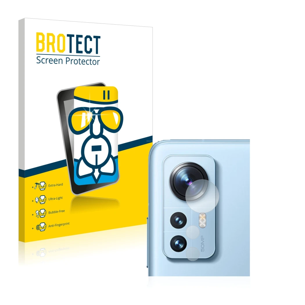 Parte frontal de un envase de producto con el logotipo de la marca BROTECT. Al lado se muestra el dispositivo Xiaomi 12 Pro (S