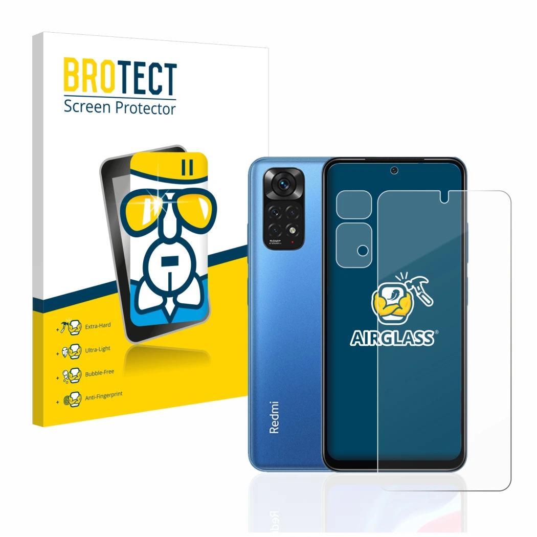 Parte frontal de un envase de producto con el logotipo de la marca BROTECT. Al lado se muestra el dispositivo Xiaomi Redmi Not