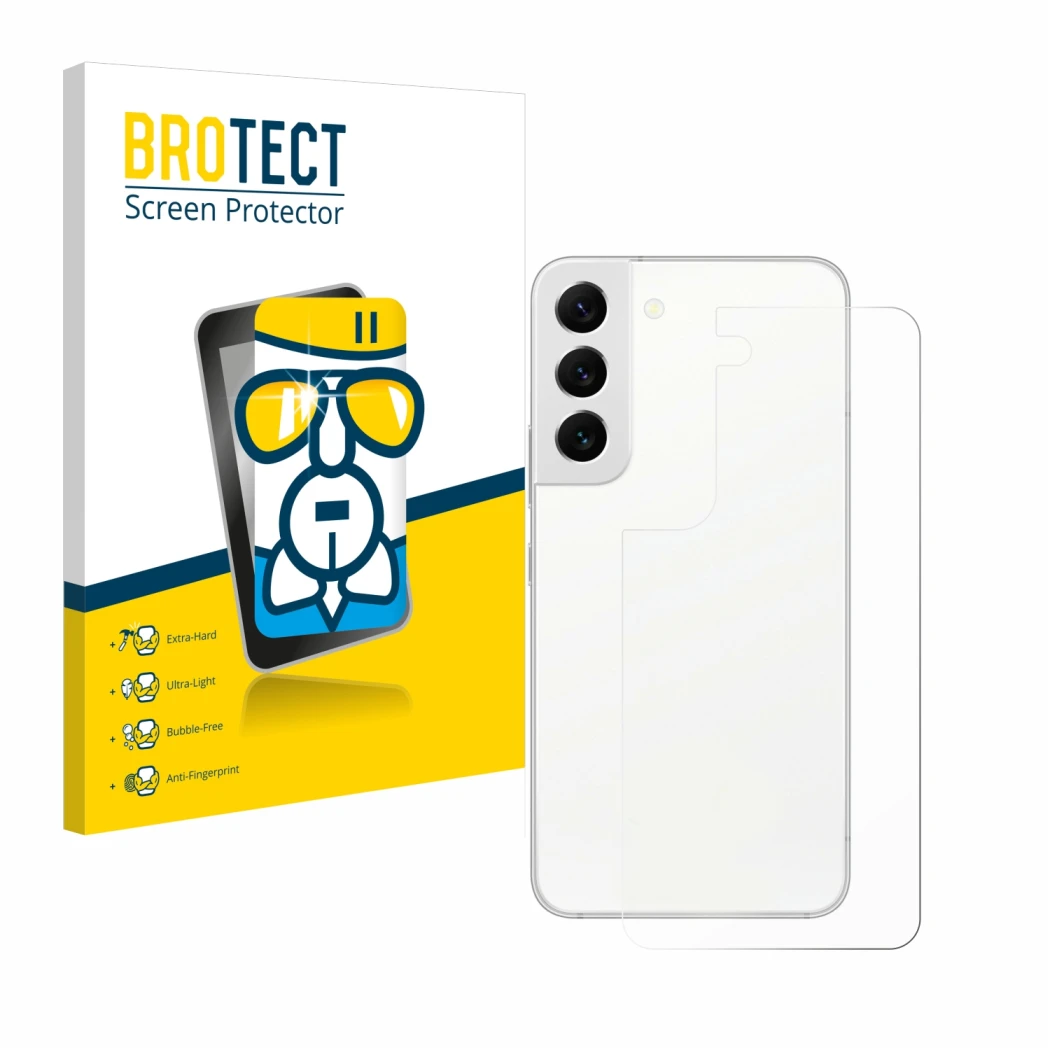 Parte frontal de un envase de producto con el logotipo de la marca BROTECT. Al lado se muestra el dispositivo Samsung Galaxy S