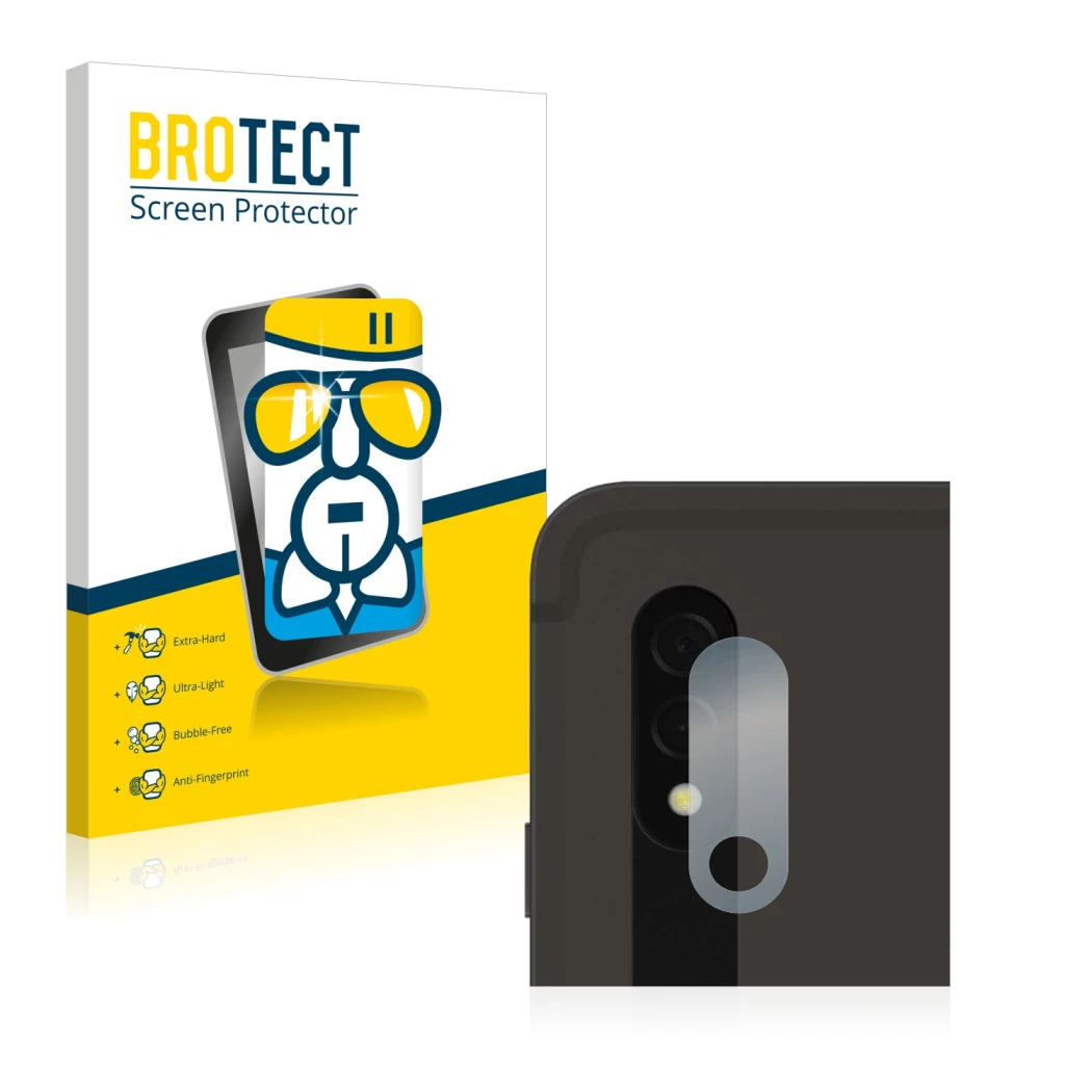 Parte frontal de un envase de producto con el logotipo de la marca BROTECT. Al lado se muestra el dispositivo Samsung Galaxy T